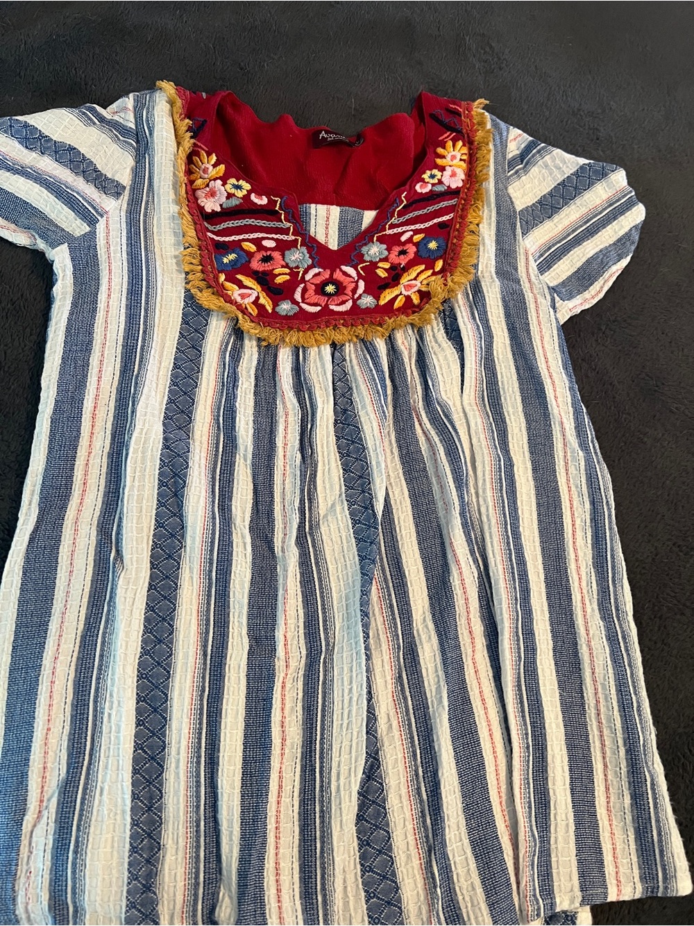 Avanti Blue & Red Striped Embroidered Peasant Top